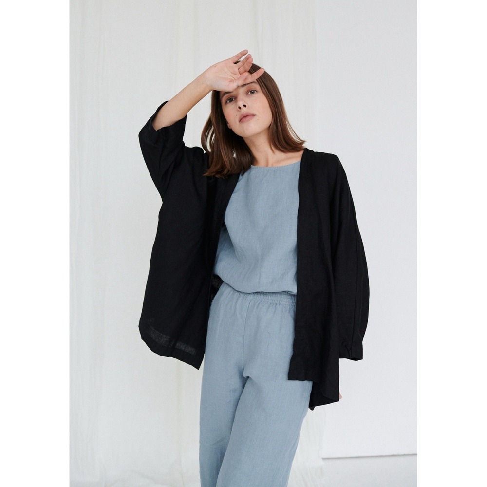 Linenfox Black linen open front duster cardigan oversized boho size XS Lagenlook